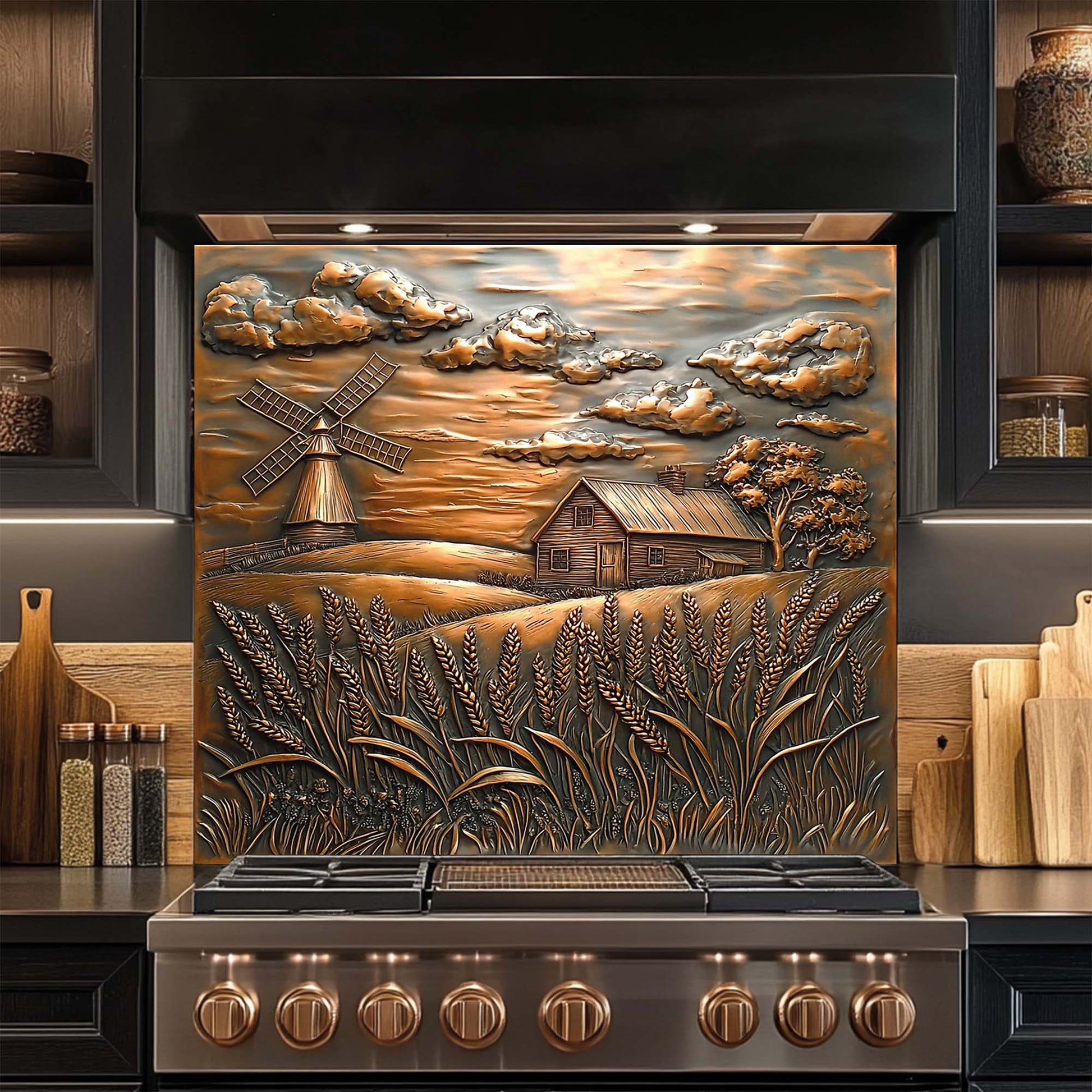 Rustic tempered glass backsplash with farmhouse, windmill, and wheat field in copper tones