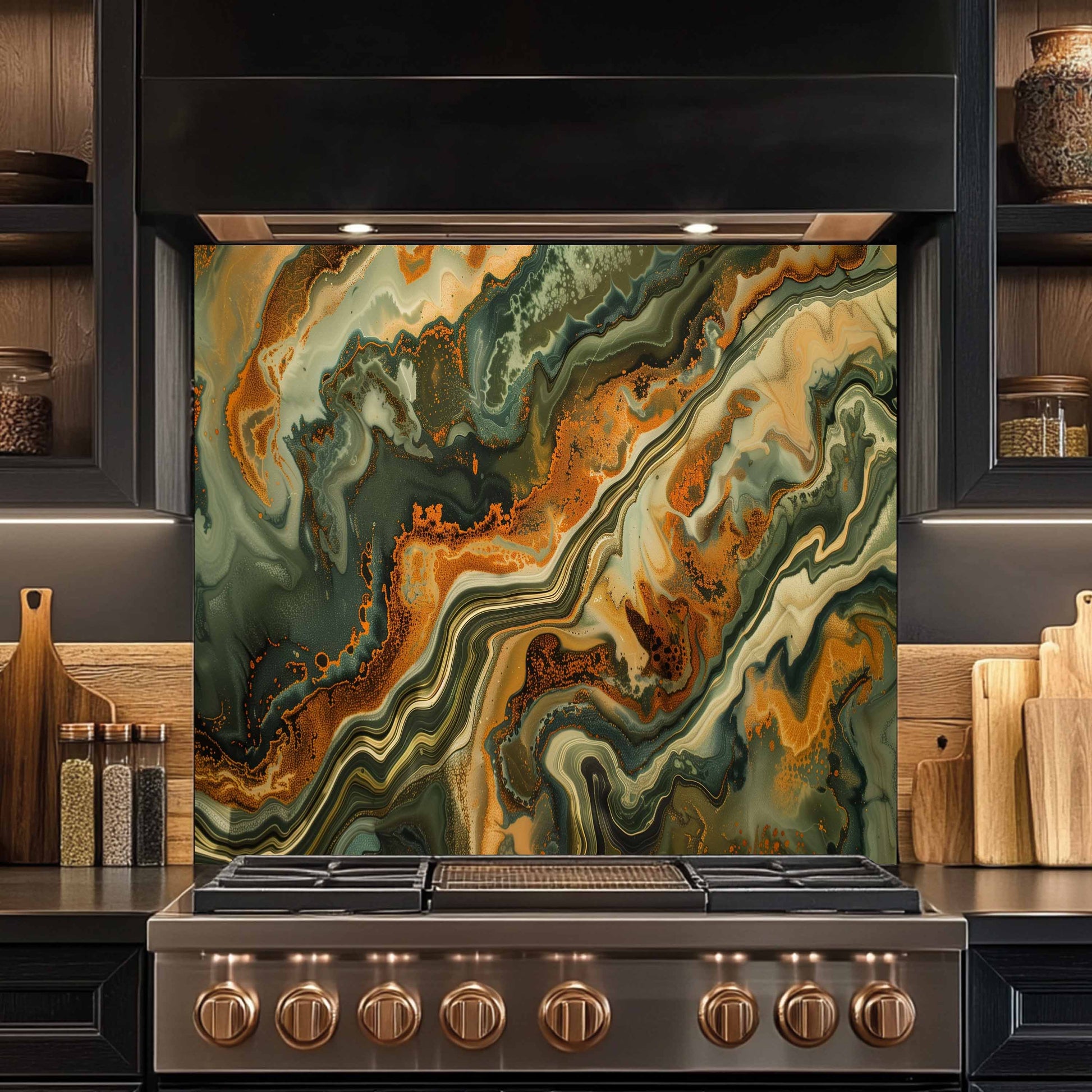 Stainless steel stove with marbled backsplash in a kitchen setting