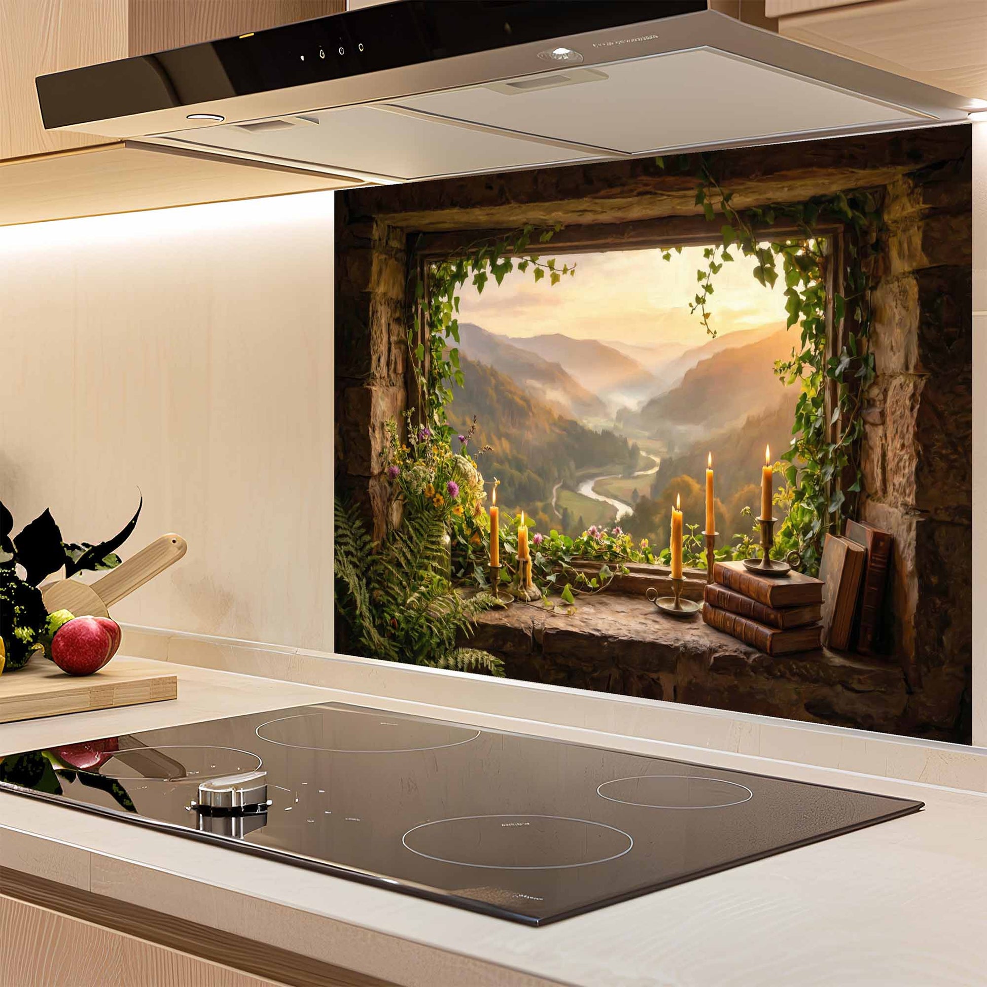 Modern kitchen with a scenic glass backsplash and induction cooktop.
