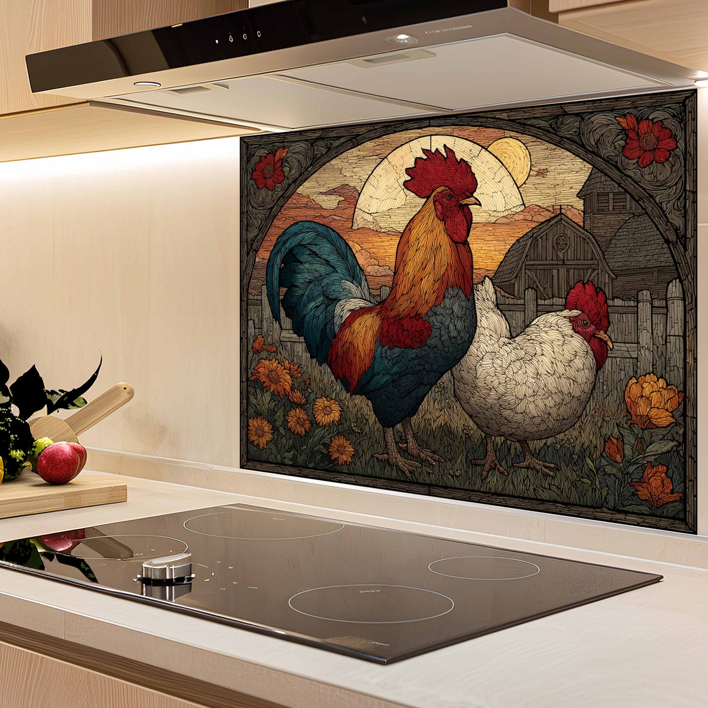 Decorative kitchen backsplash with rooster and hen design on a stove.