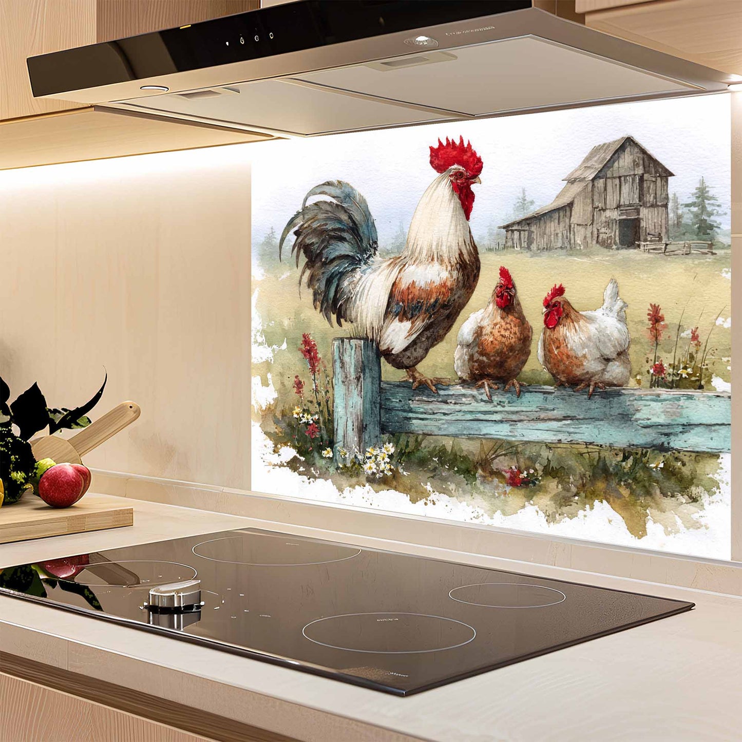 Kitchen backsplash with a rooster and chicken design in a farm setting.