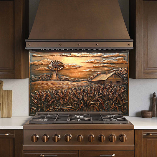 Decorative stove backsplash with a sunset over a field design in a kitchen.