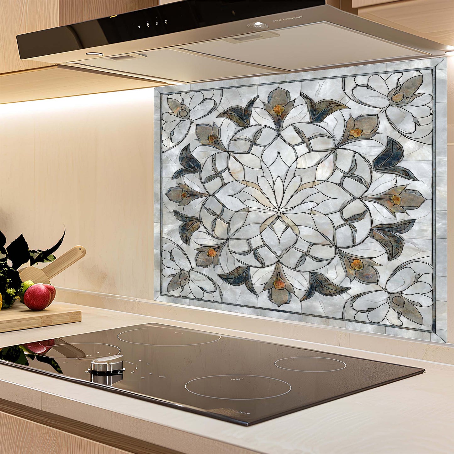 Decorative glass splashback with floral pattern above a kitchen stove