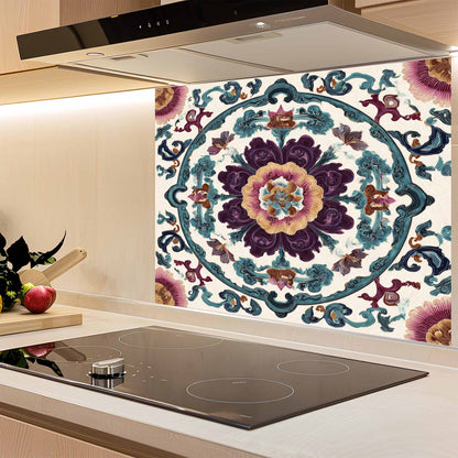 Decorative glass splashback with floral pattern in a kitchen setting