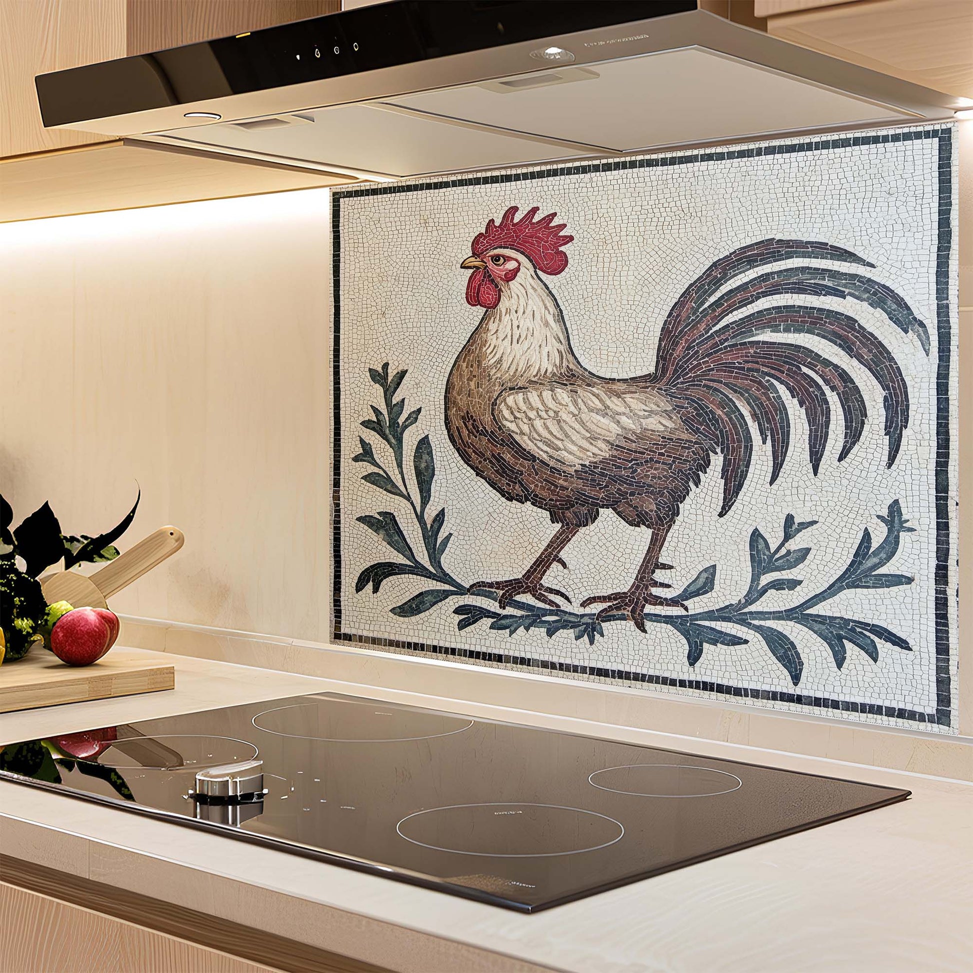 Kitchen glass backsplash with a rooster design above a stove
