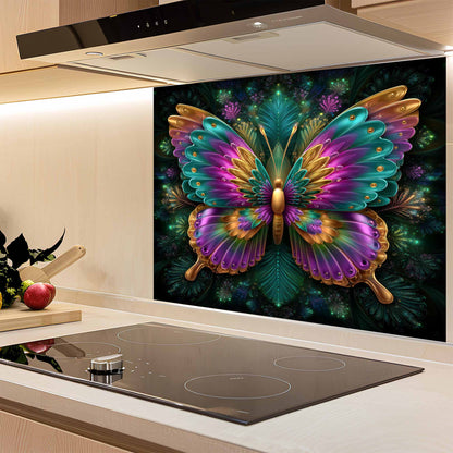 Colorful butterfly design on a kitchen glass backsplash above a stove.