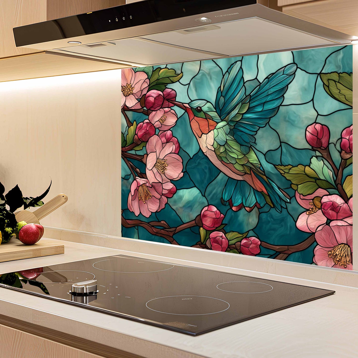 Kitchen backsplash with a colorful hummingbird and floral design.