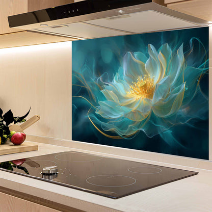 Modern kitchen with a decorative glass splashback featuring a lotus flower design.