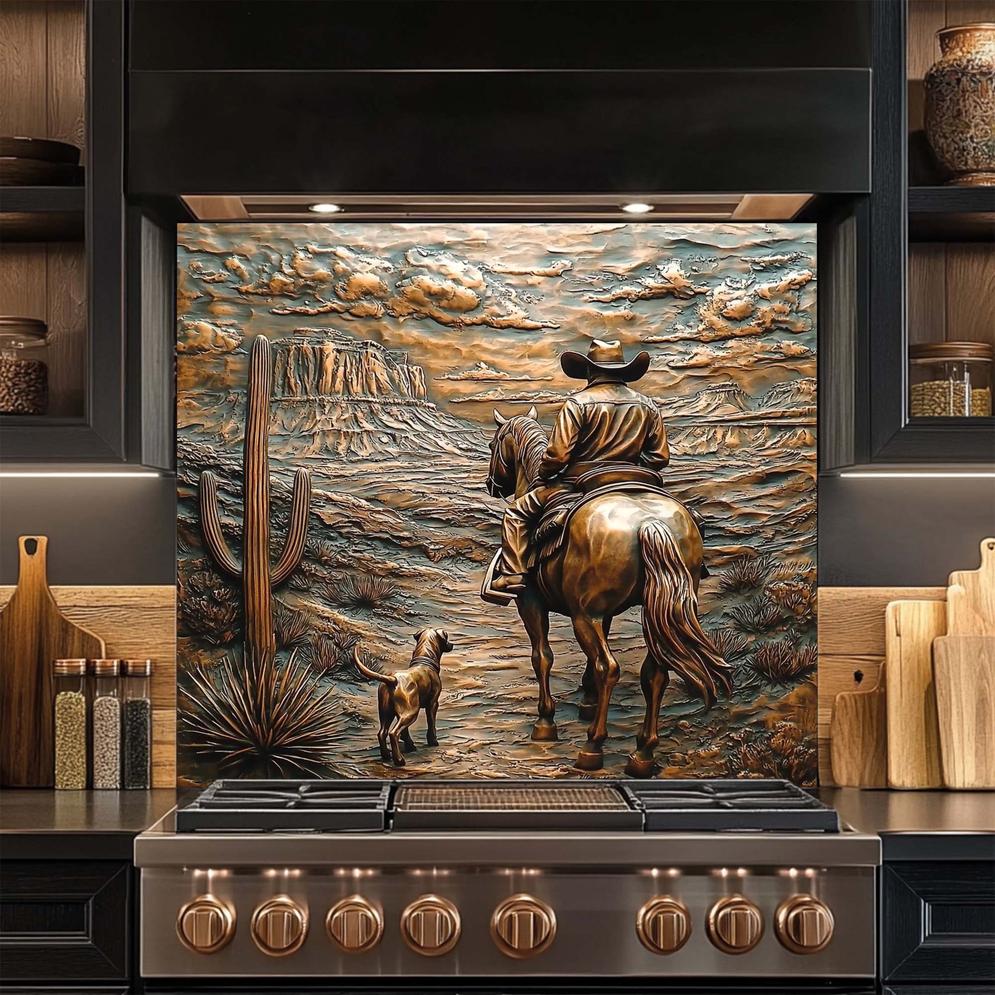 Decorative glass backsplash with a cowboy and horse on a stove in a kitchen setting