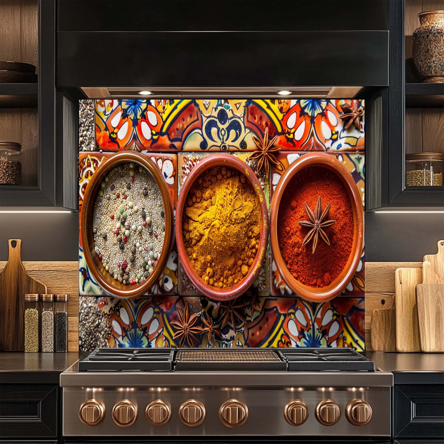 Decorative glass backsplash with spices and a modern stove in a kitchen setting
