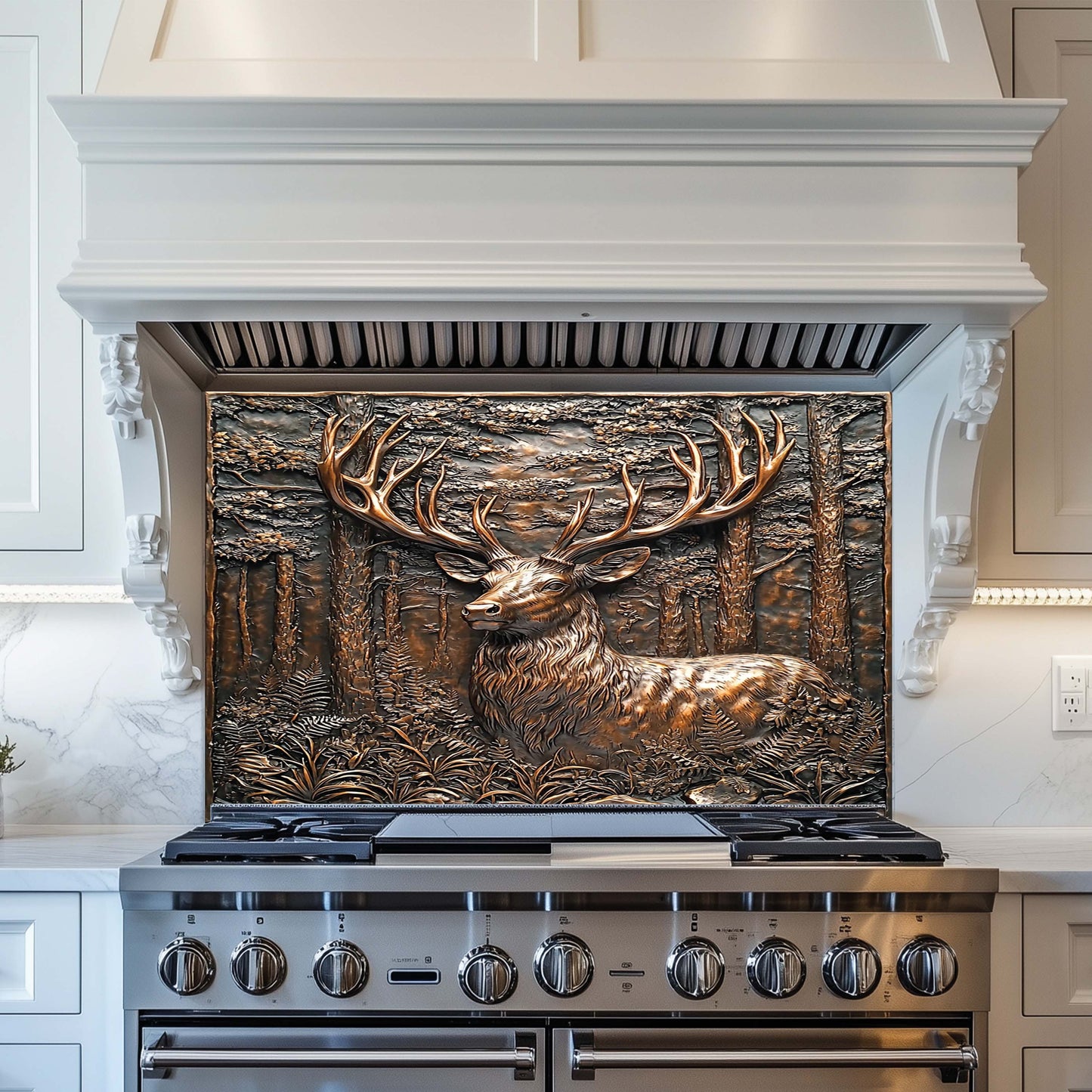 Stainless steel stove with decorative elk glass backsplash in a kitchen setting