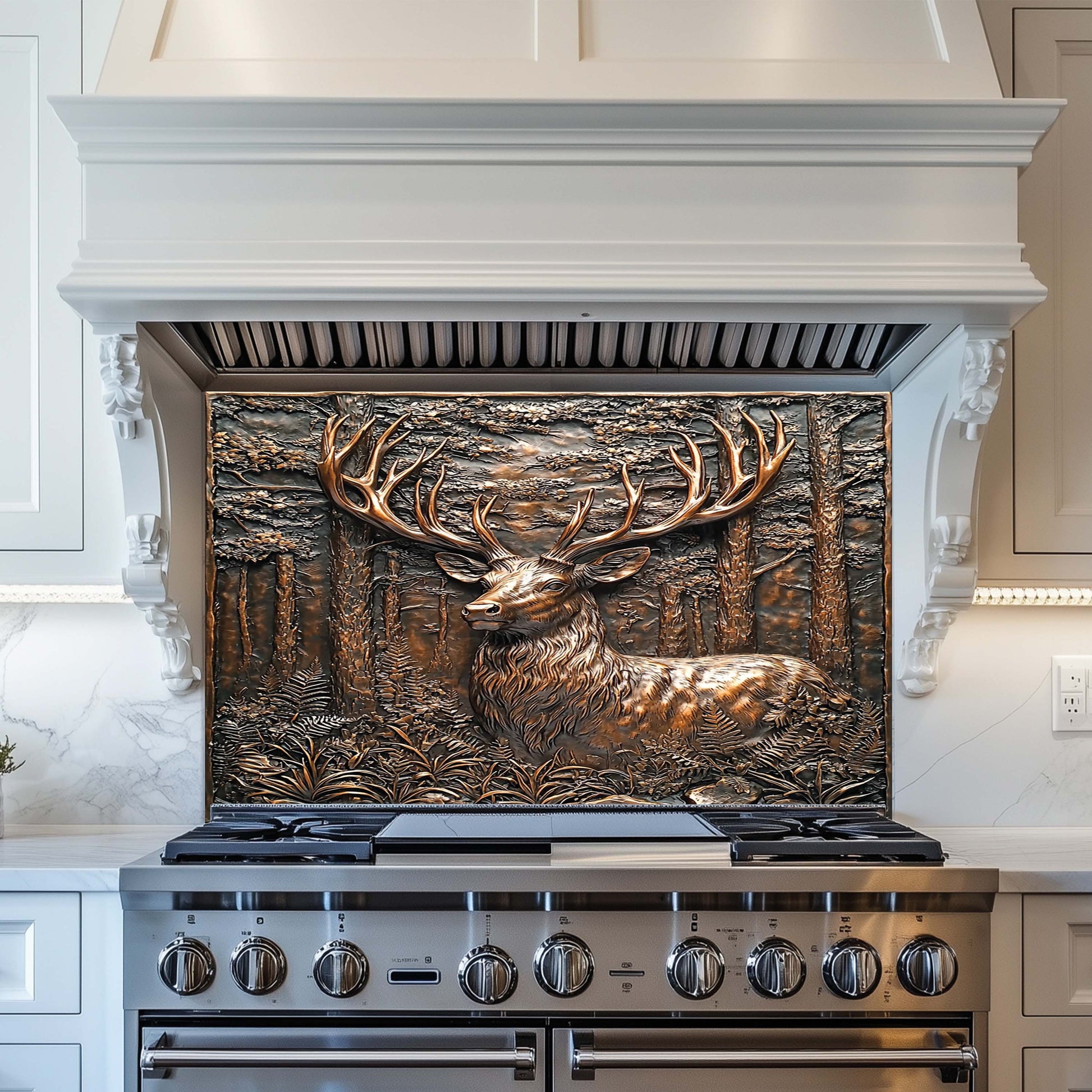 Stainless steel stove with decorative elk glass backsplash in a kitchen setting