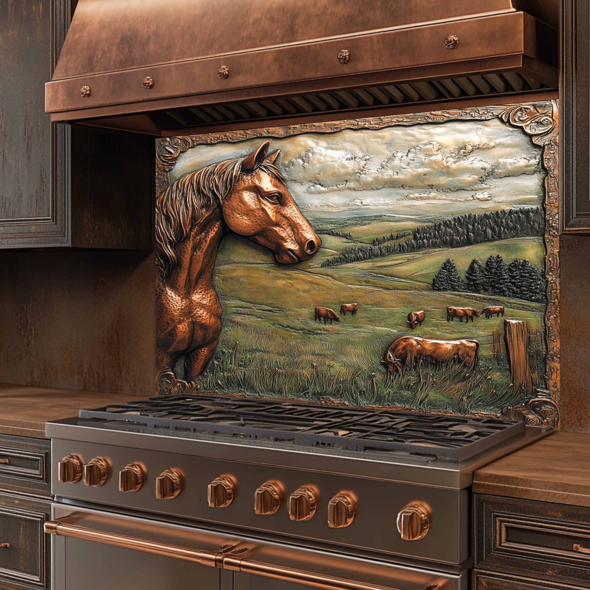 Stainless steel stove with decorative horse and landscape glass backsplash