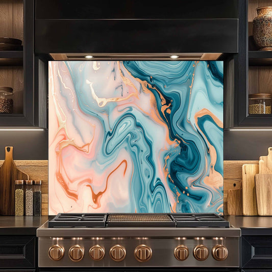 Stainless steel stove with a colorful marble backsplash in a kitchen setting