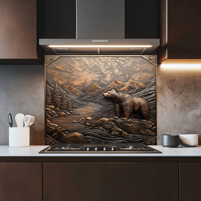 Kitchen with a decorative glass backsplash featuring a bear and mountain landscape.