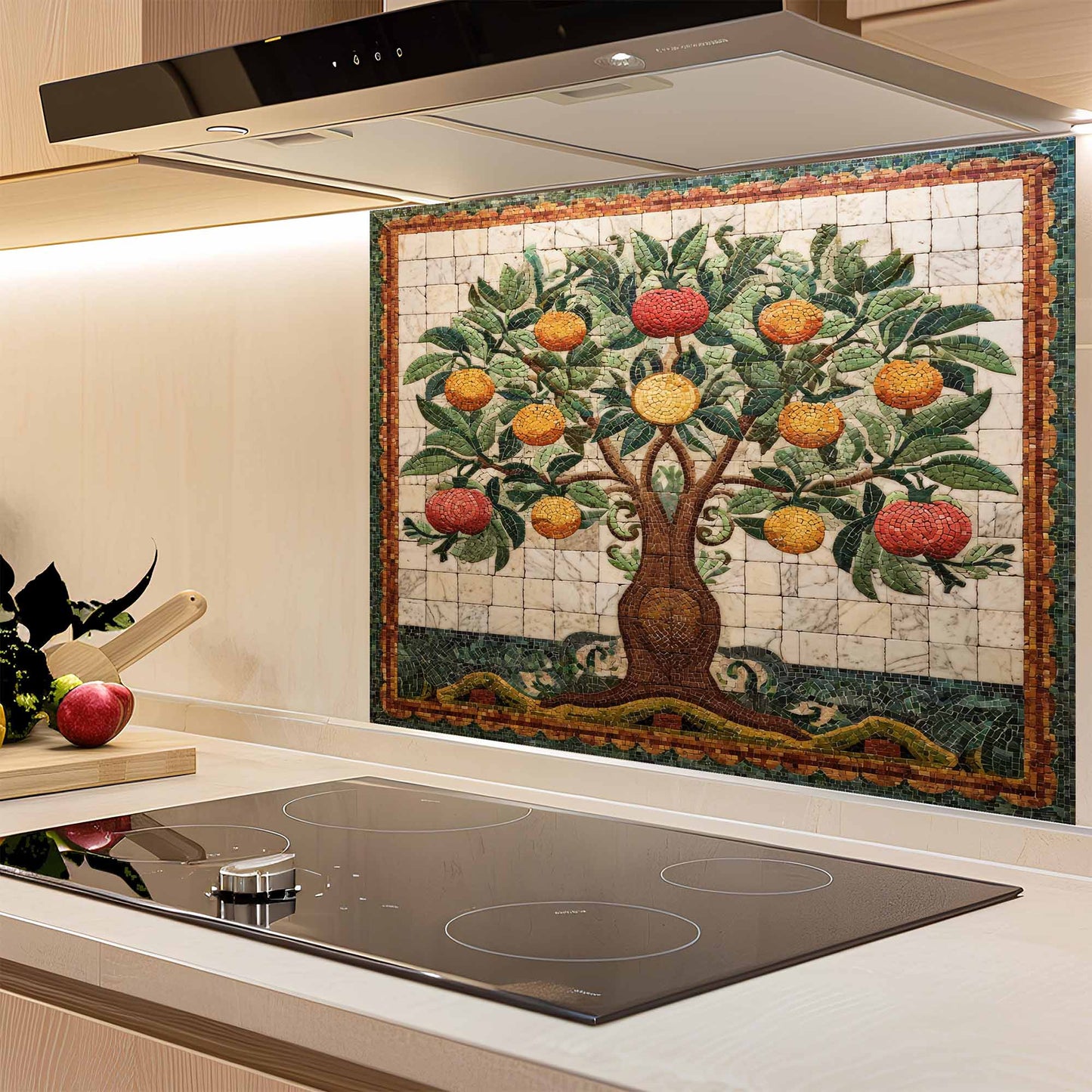 Kitchen with a decorative glass backsplash featuring a tree design.