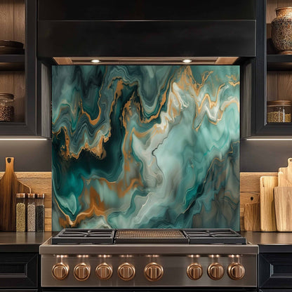 Stainless steel stove with abstract glass backsplash in a kitchen setting