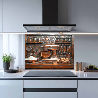 Modern kitchen with a decorative backsplash featuring copper kitchenware.