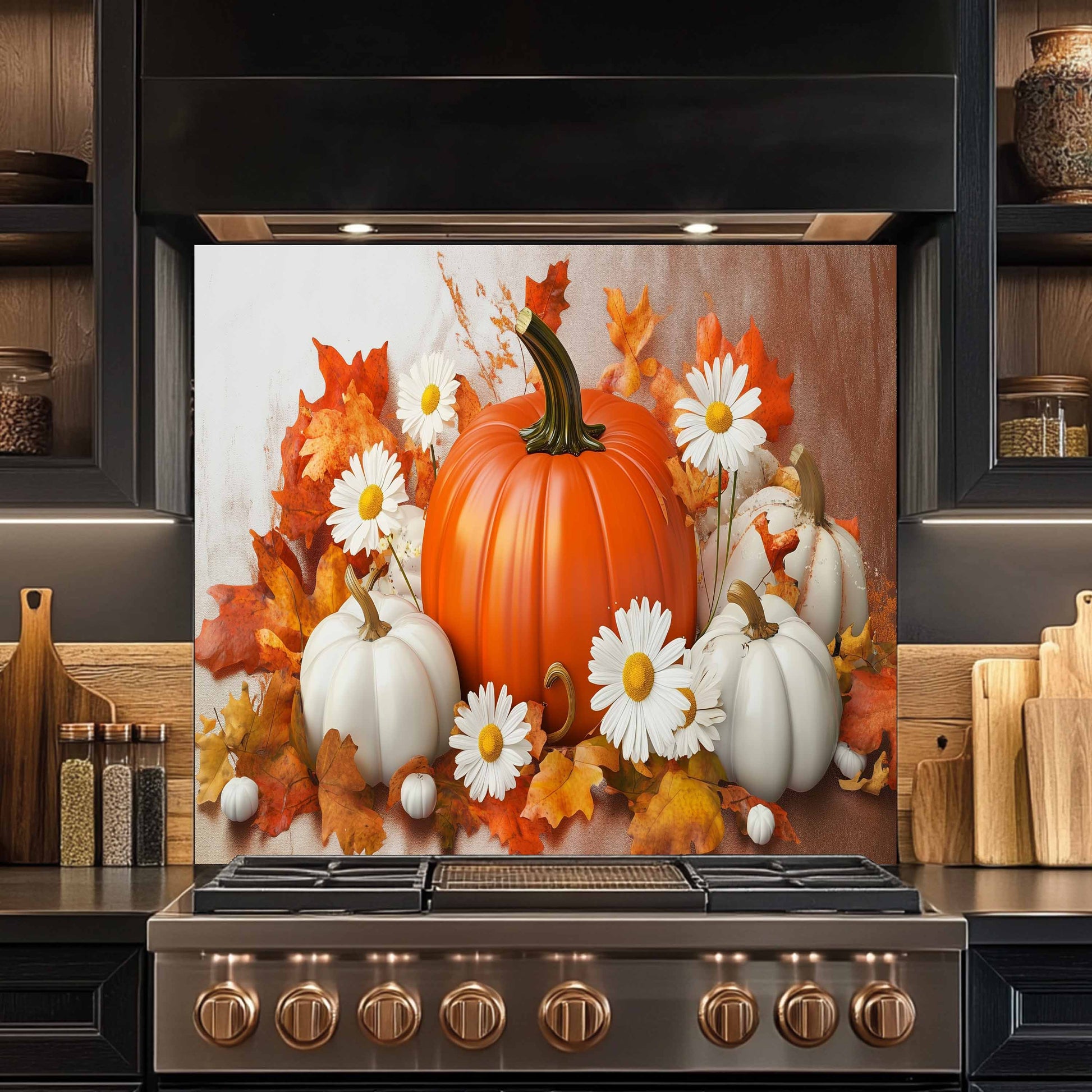 Decorative backsplash with pumpkins, leaves, and flowers on a kitchen stove.