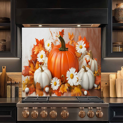 Decorative backsplash with pumpkins, leaves, and flowers on a kitchen stove.