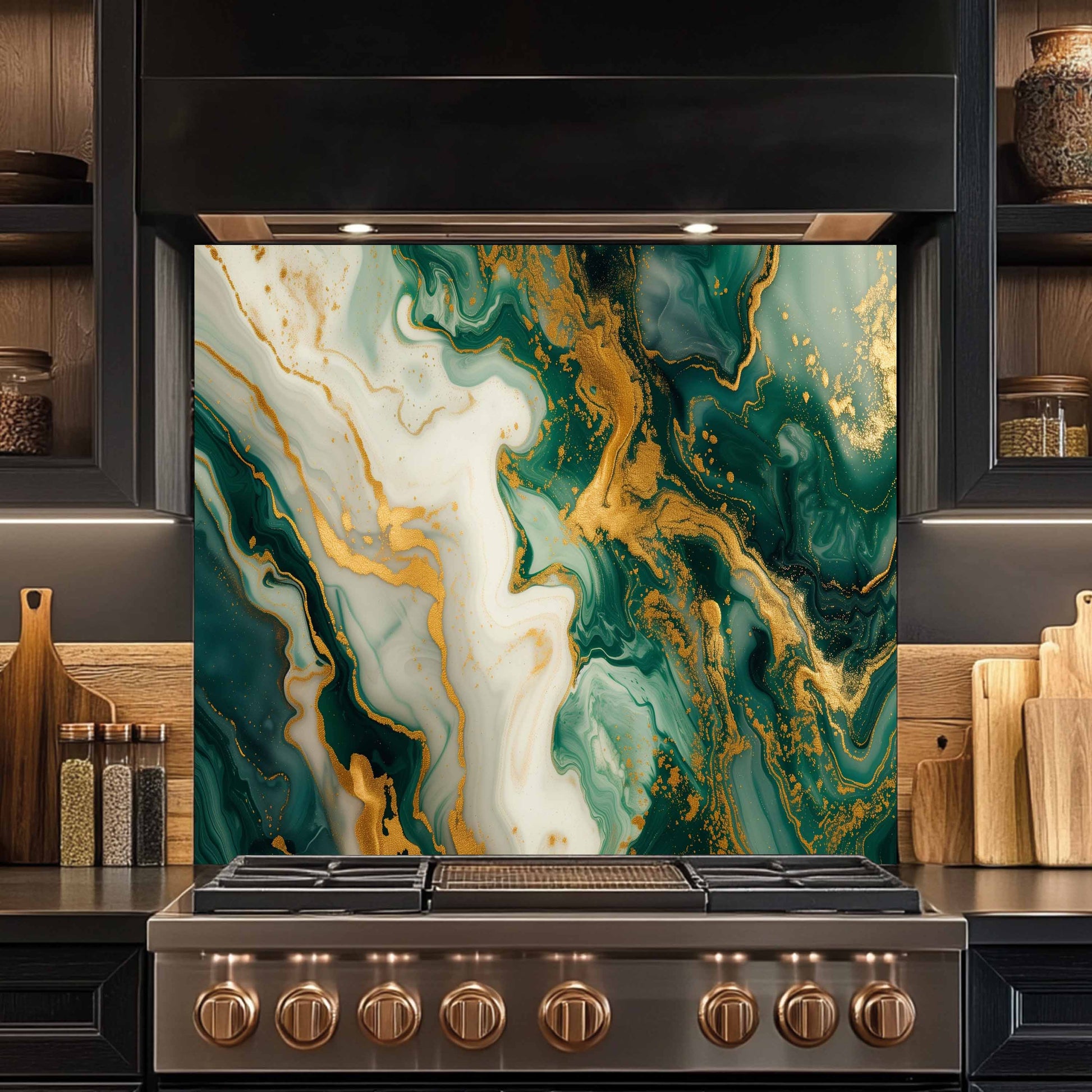 Stainless steel stove with a decorative backsplash featuring green, gold, and white marbled pattern.