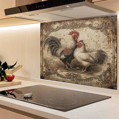 Kitchen with a decorative glass splashback featuring two roosters.