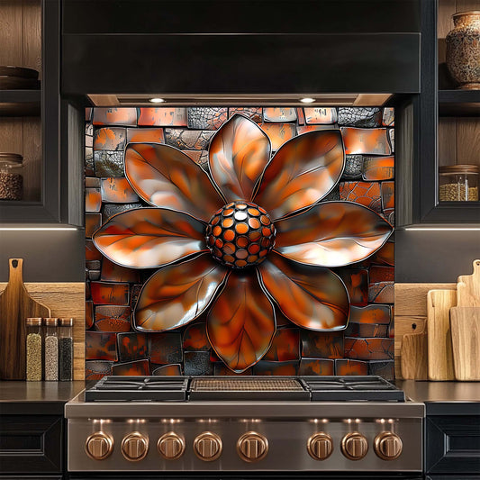 Decorative floral glass backsplash in a kitchen setting