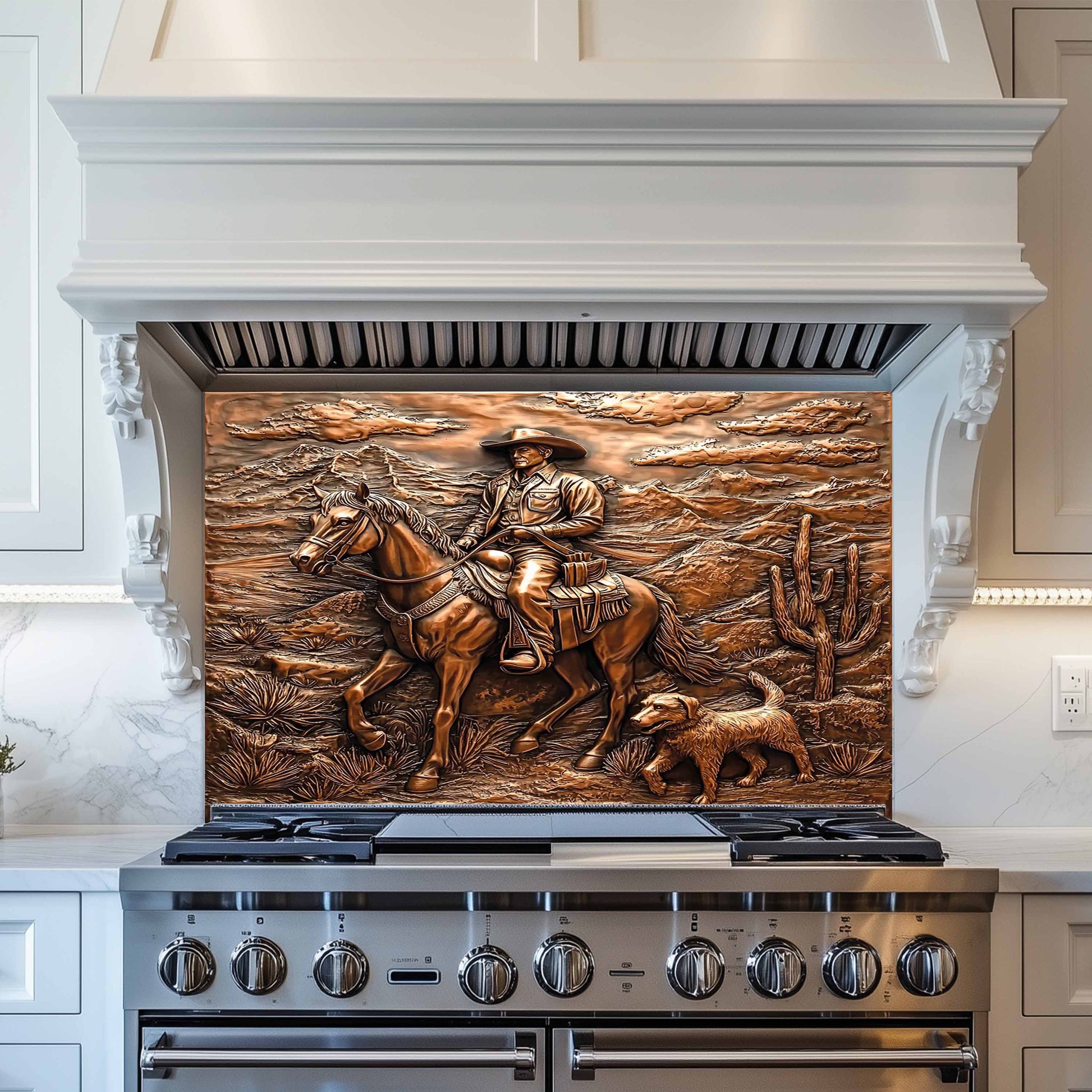 Stainless steel stove with decorative cowboy mural on the back splash in a kitchen setting.