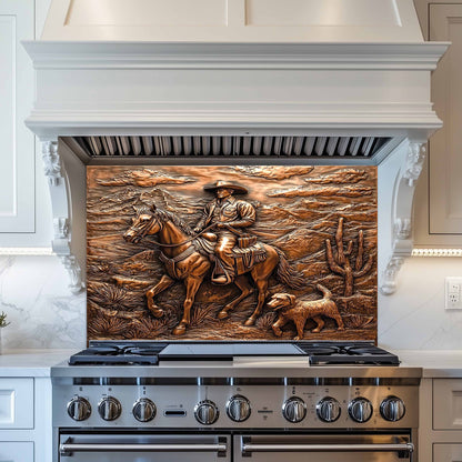 Stainless steel stove with decorative cowboy mural on the back splash in a kitchen setting.