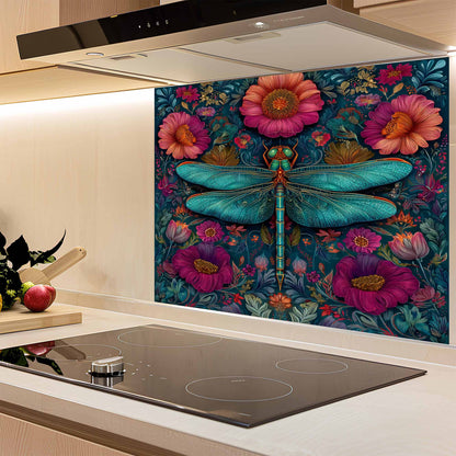 Kitchen backsplash with a dragonfly and floral design