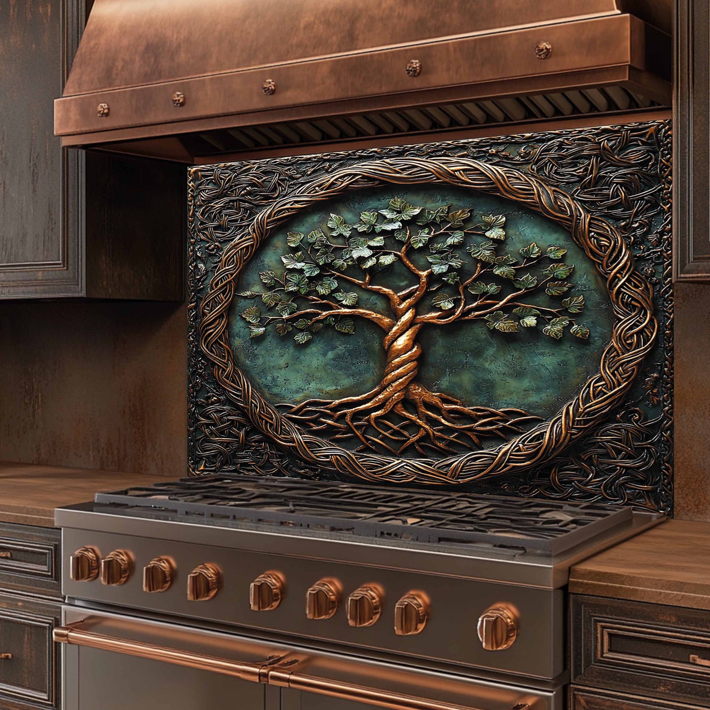 Decorative kitchen backsplash with tree of life design on a metallic stove