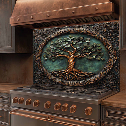 Decorative kitchen backsplash with tree of life design on a metallic stove