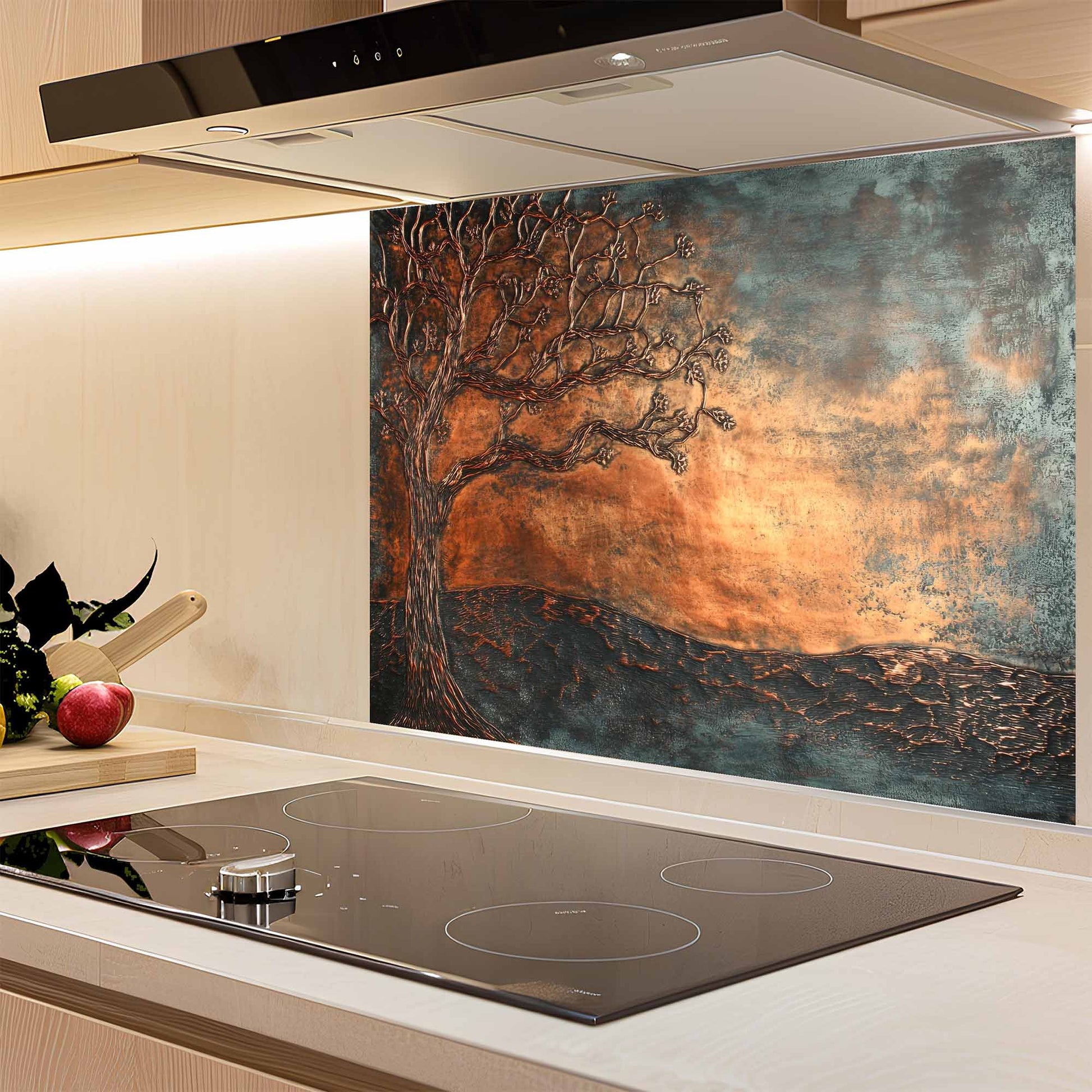 Kitchen with a decorative glass splashback featuring a tree design.
