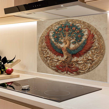 Decorative glass backsplash with a peacock design in a kitchen setting