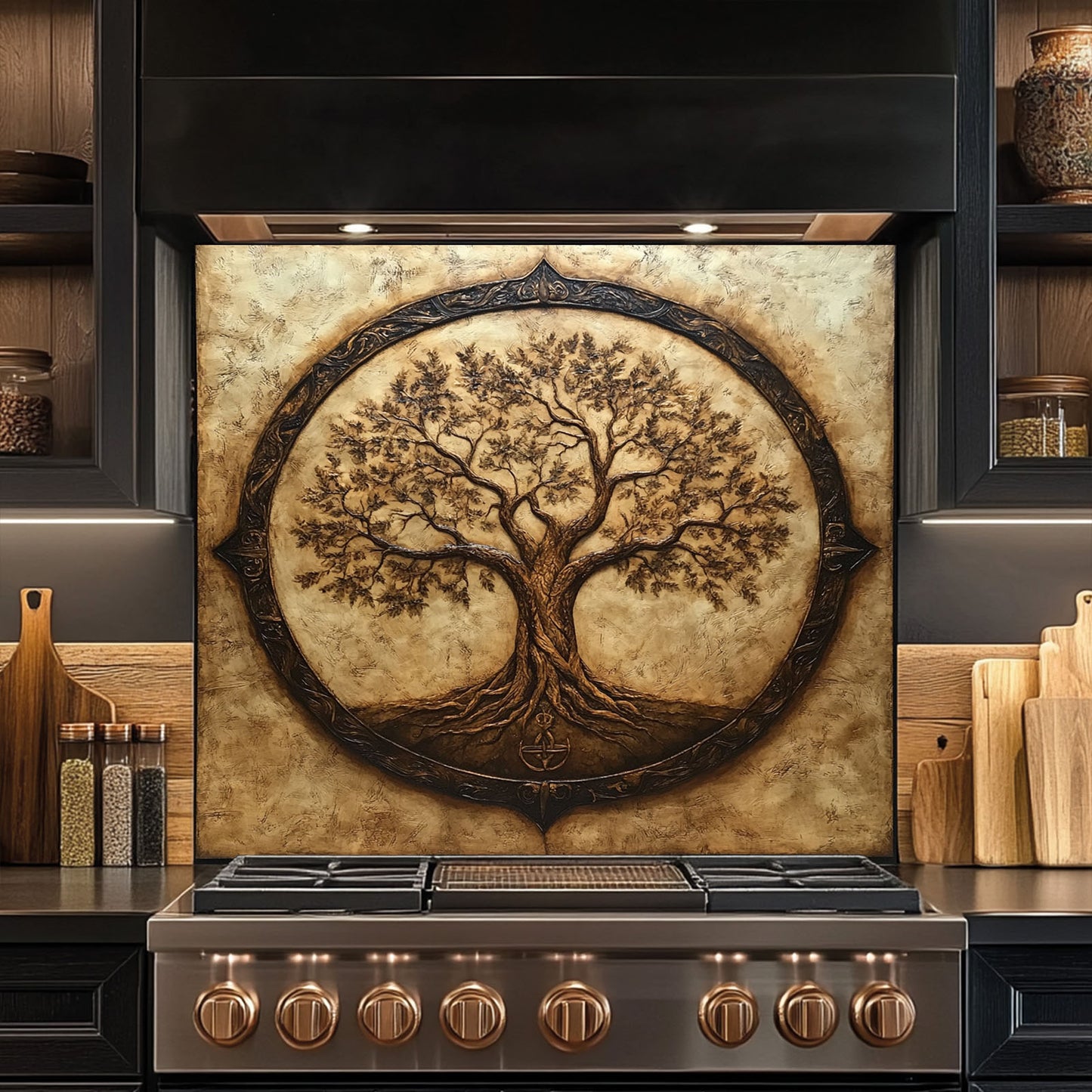 Decorative backsplash with a tree design above a stove in a kitchen setting.