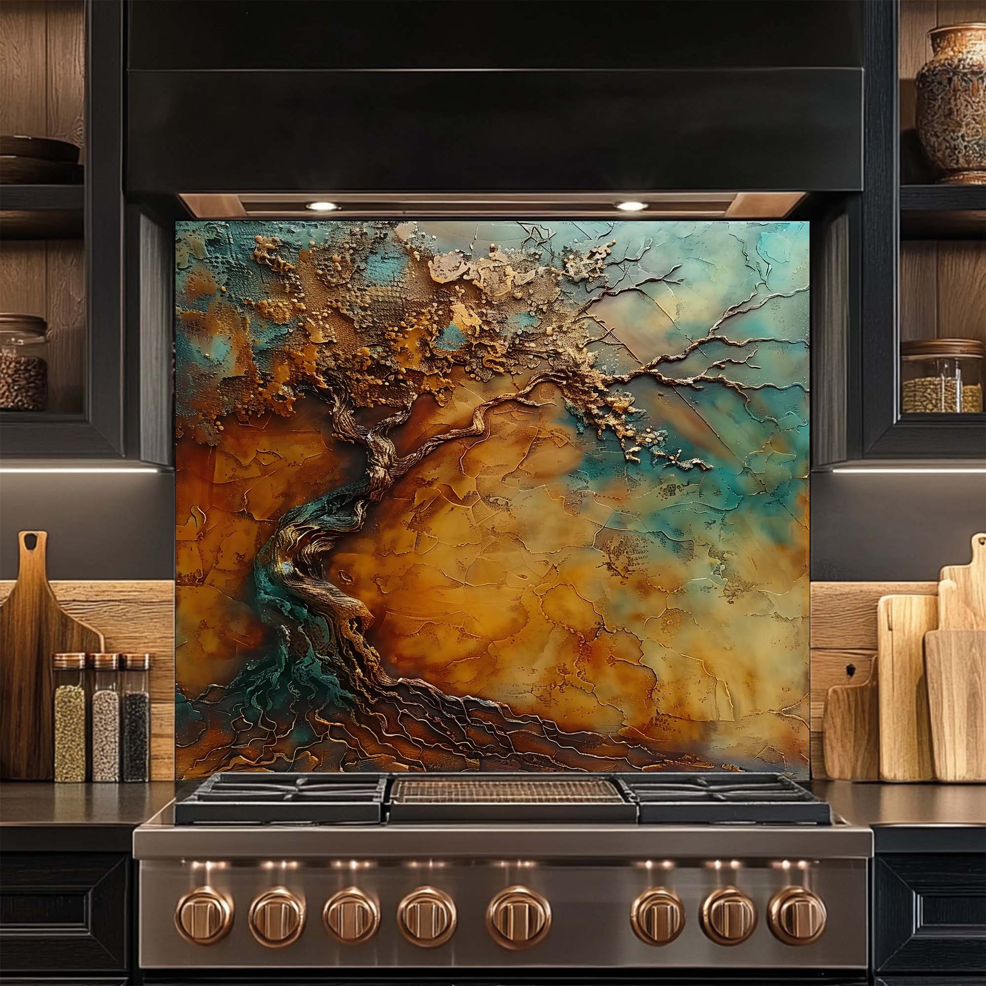 Stainless steel stove with artistic glass splashback in a kitchen setting