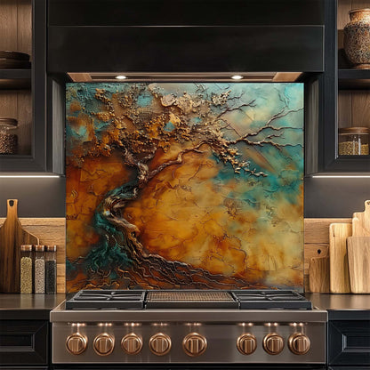 Stainless steel stove with artistic glass splashback in a kitchen setting