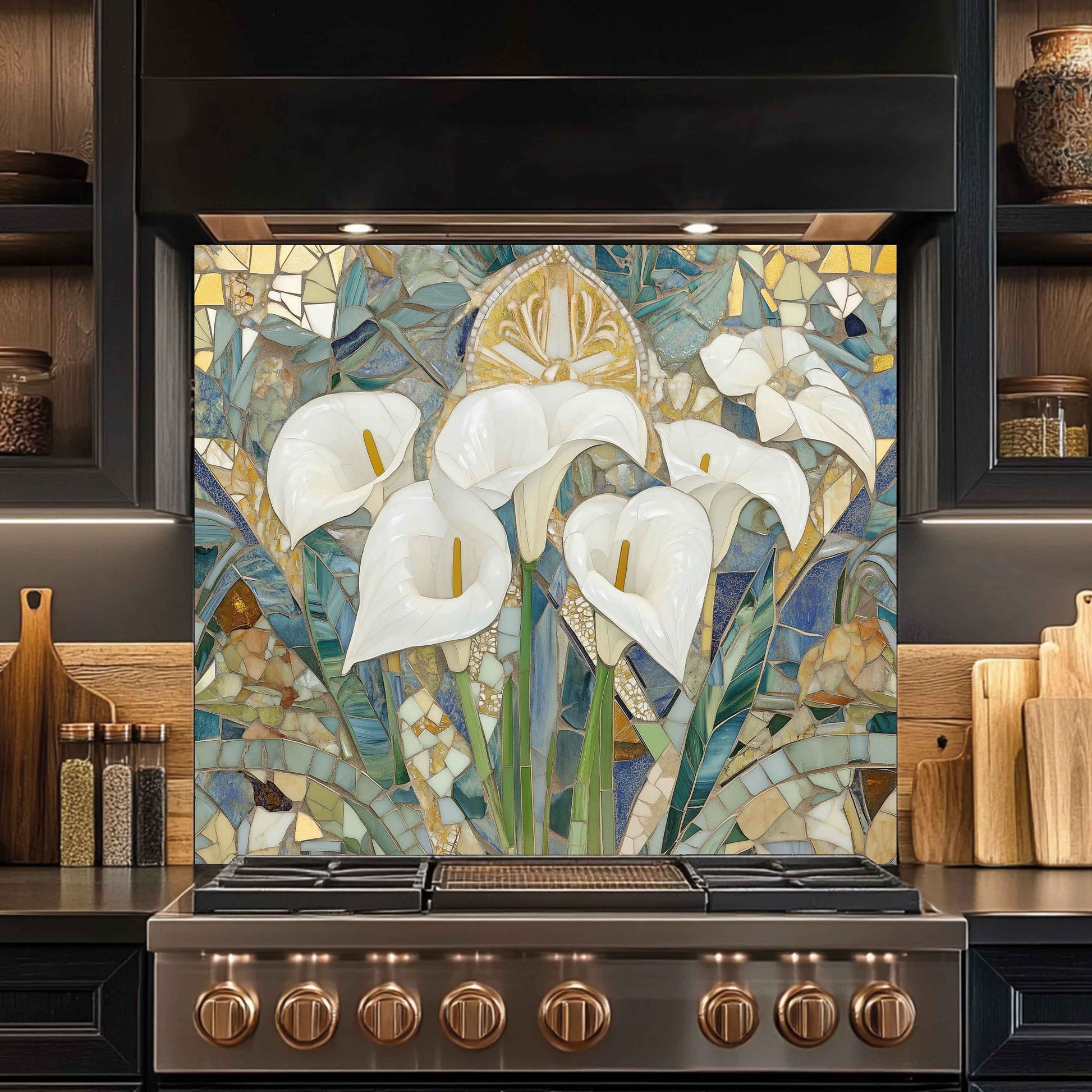 Stainless steel stove with decorative mosaic backsplash featuring white lilies and colorful abstract design.