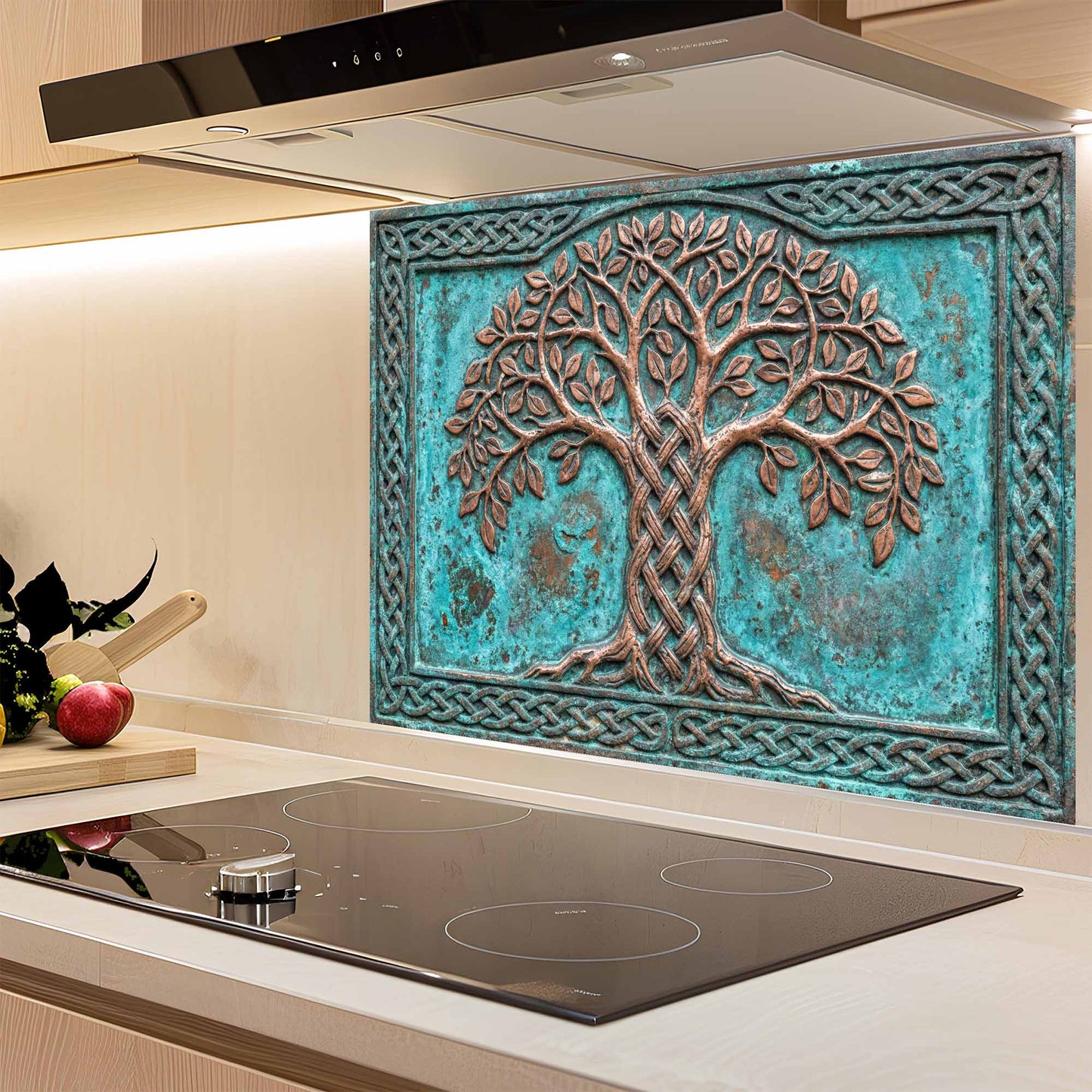 Decorative kitchen backsplash with tree design in a kitchen setting