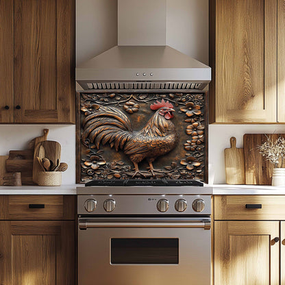 Decorative kitchen backsplash with a rooster design on a kitchen wall above an oven.