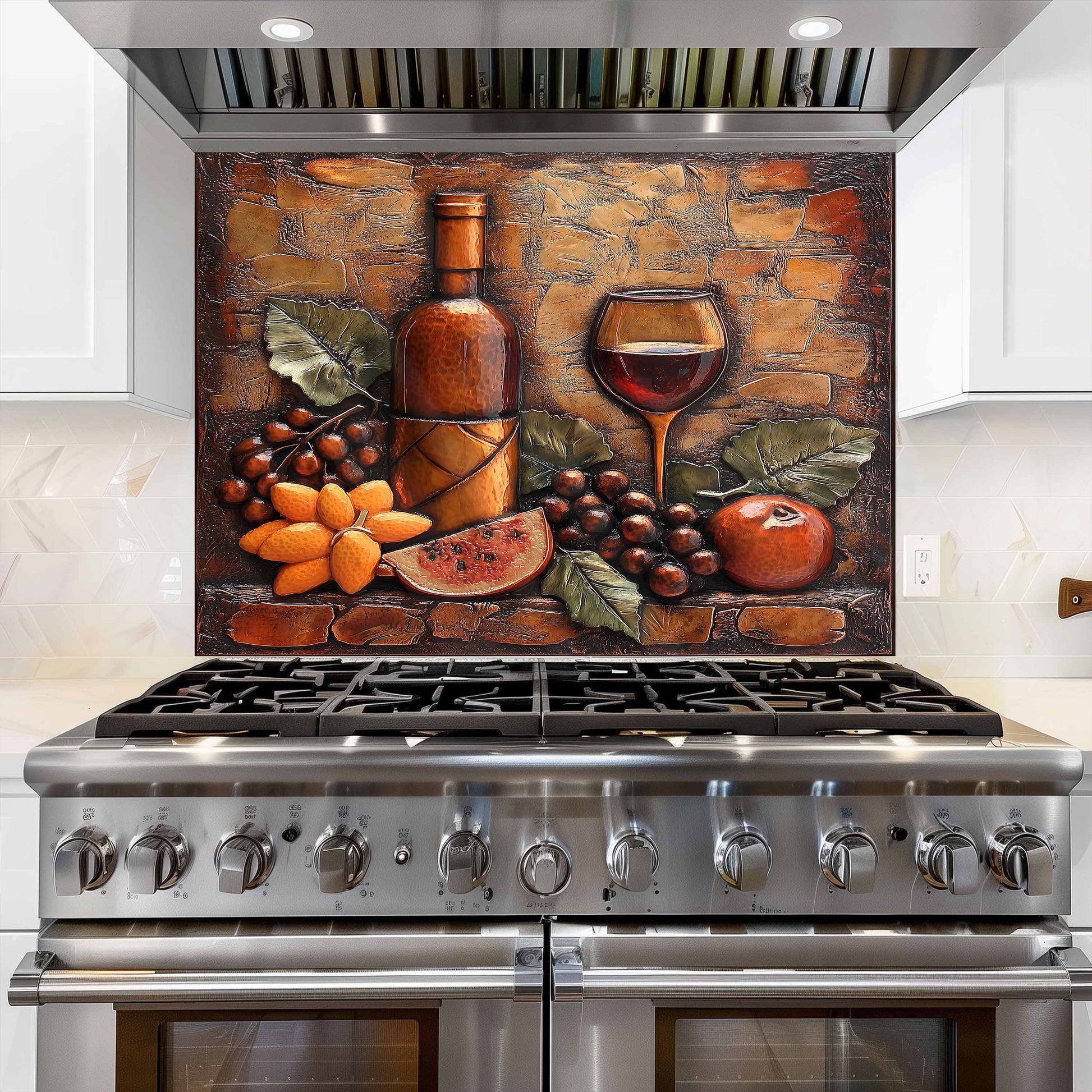 Decorative backsplash with wine-themed design above a stove in a kitchen.