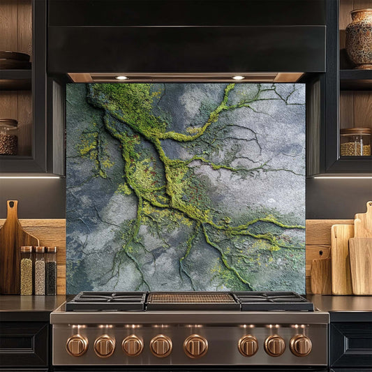 Stainless steel stove with decorative glass backsplash in a kitchen setting