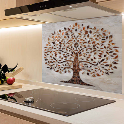 Kitchen with a decorative glass backsplash featuring a tree design.