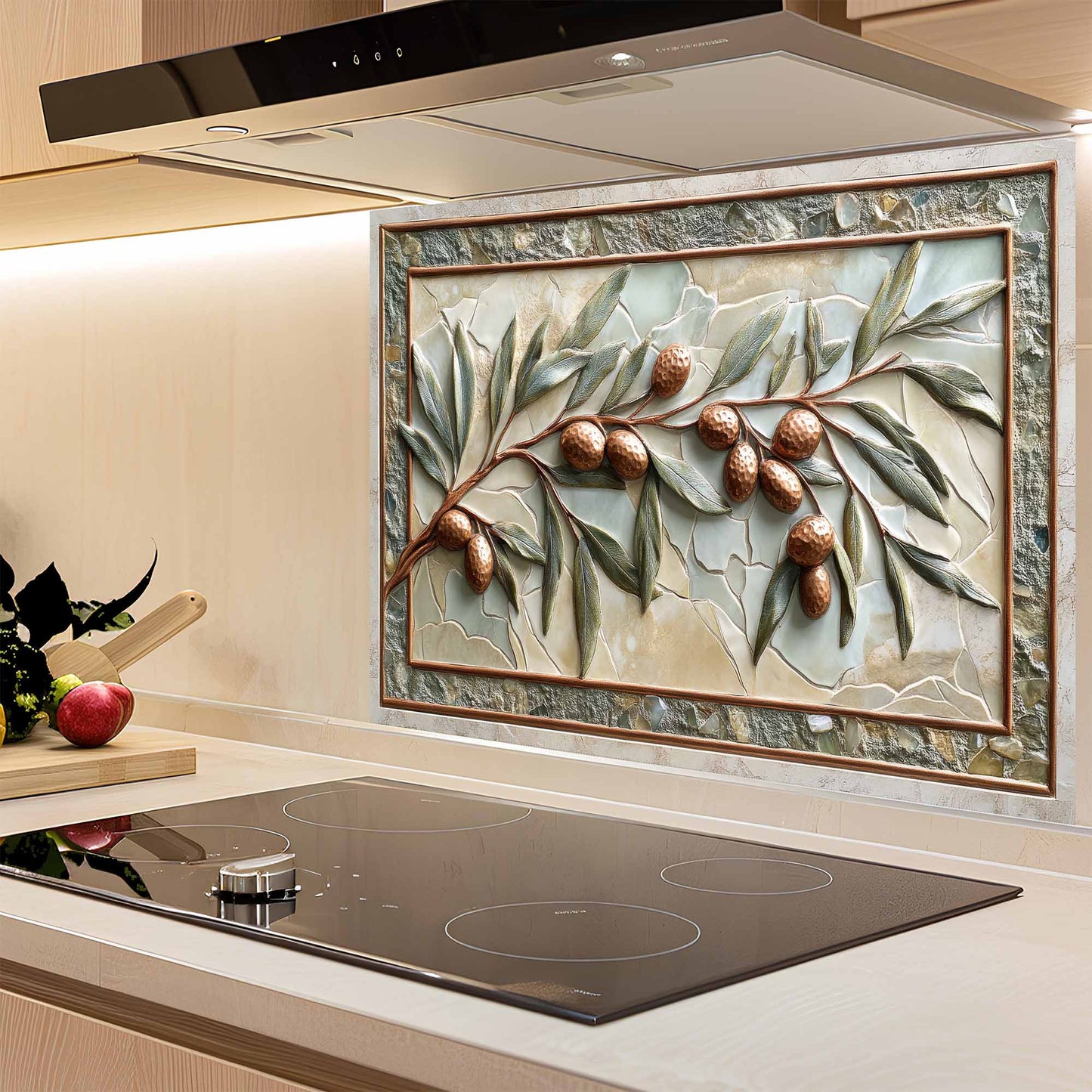 Decorative glass backsplash with leaves and acorns above a kitchen stove.