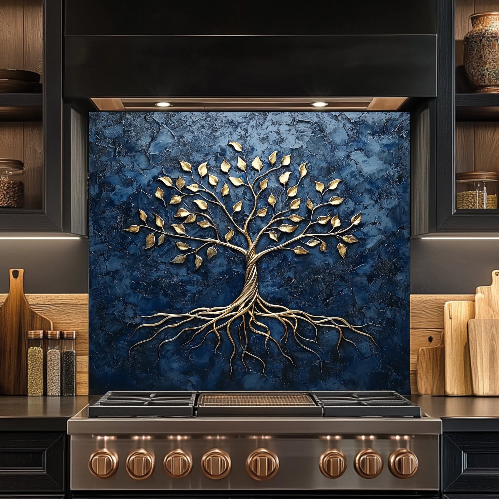 Stainless steel stove with decorative tree glass backsplash in a kitchen setting