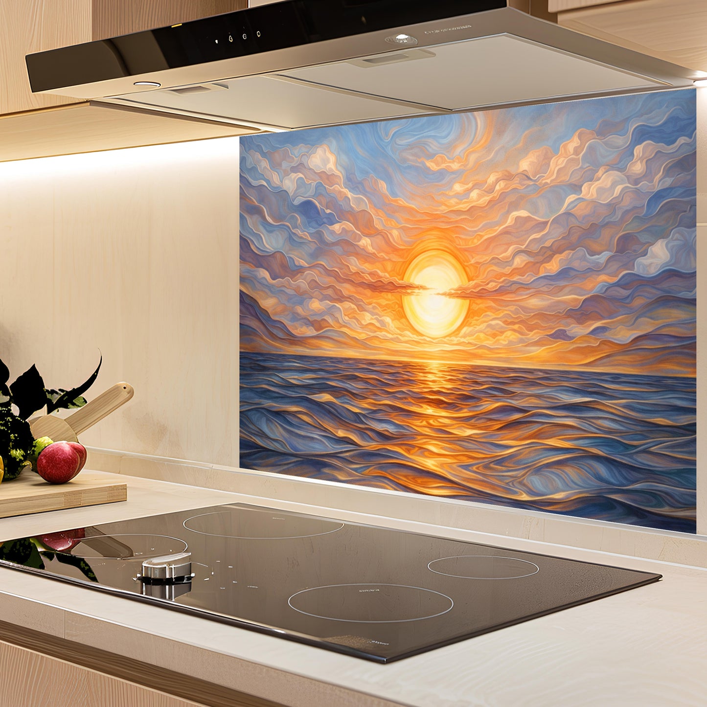 Kitchen with a sunset glass backsplash on the wall above a stove
