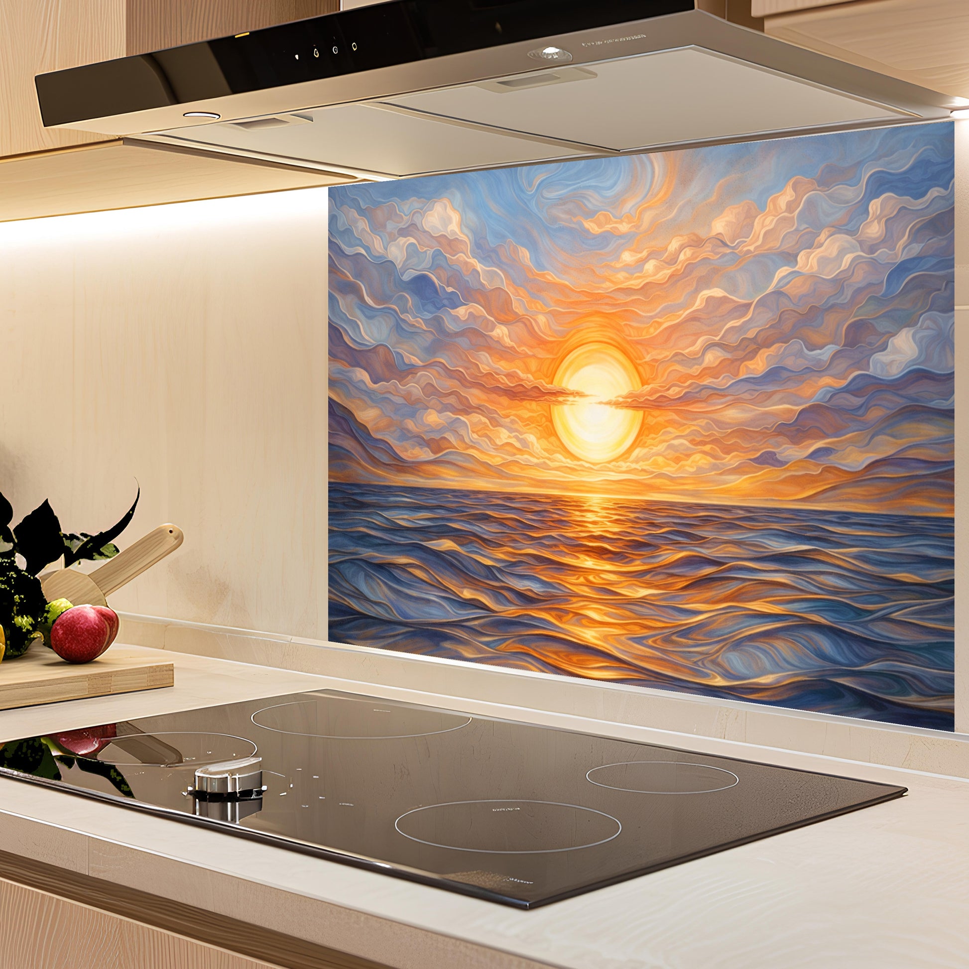 Kitchen with a sunset glass backsplash on the wall above a stove
