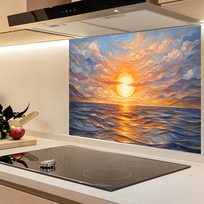Kitchen with a sunset glass backsplash on the wall above a stove