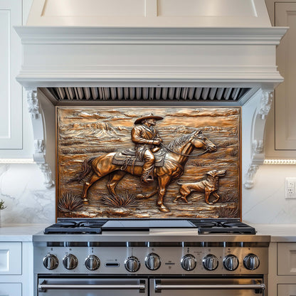Stainless steel stove with decorative cowboy mural on the back splash in a kitchen setting.