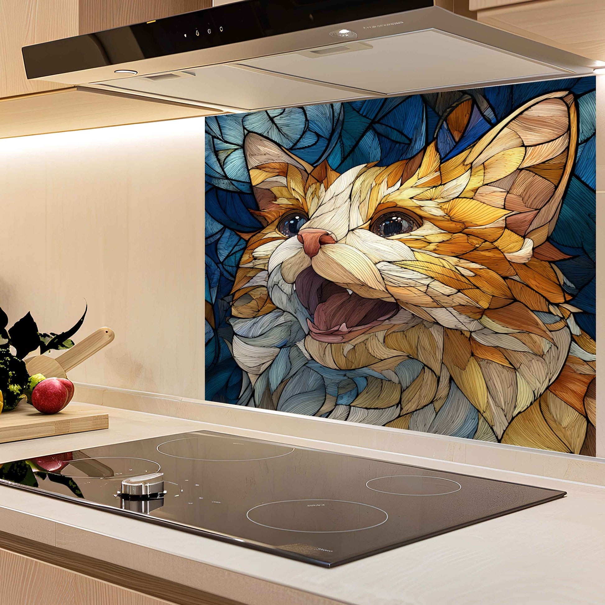 Kitchen with a colorful cat-themed backsplash